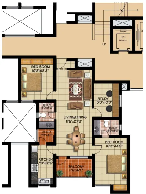 Type D · 2 BHK + Study · Tower 1