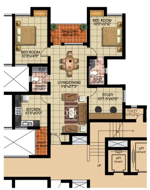 Type B · 2 BHK + Study · Tower 2